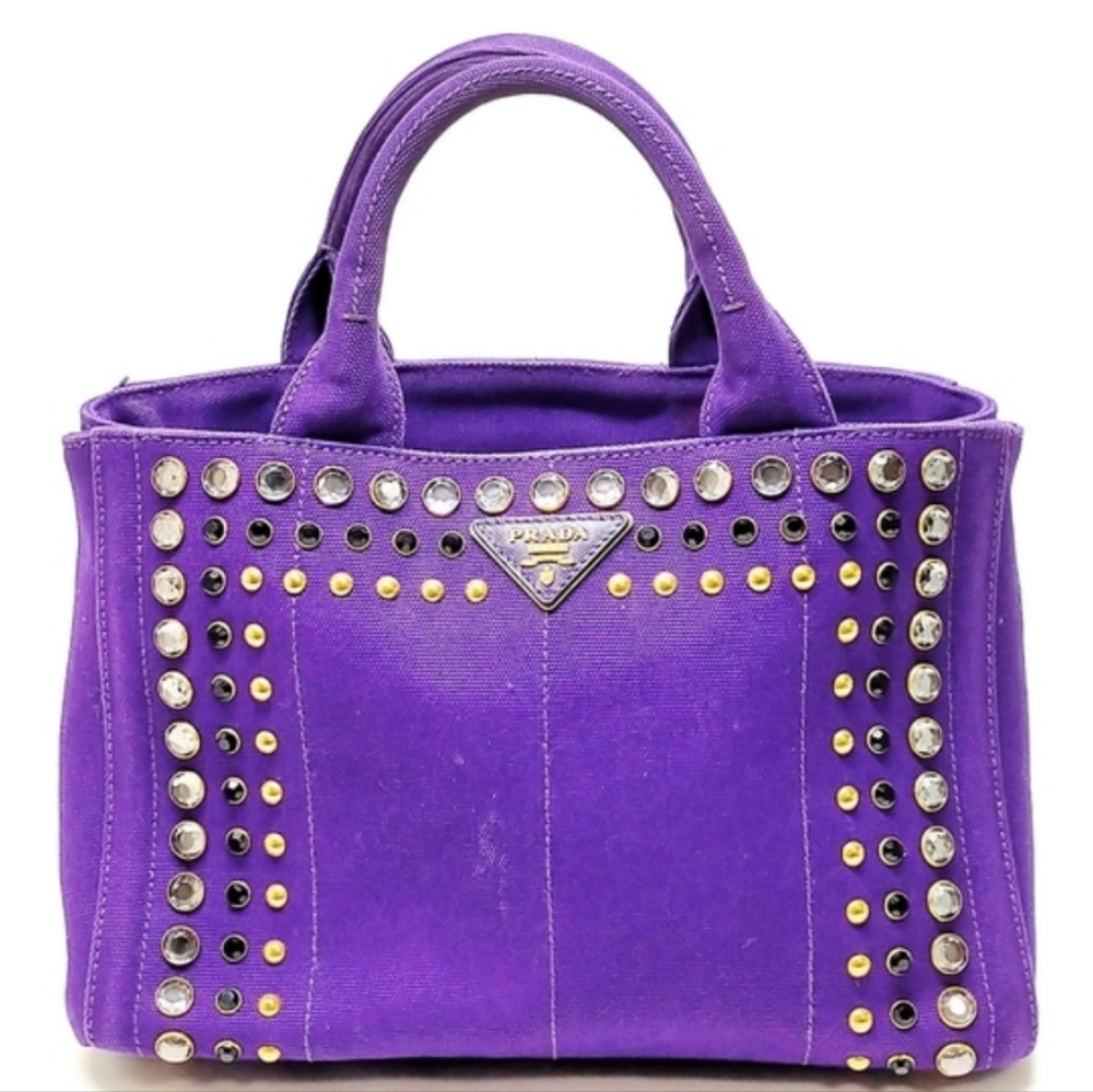 Prada Purple Studded Logo Plate Canapa Bujou Hand Bag